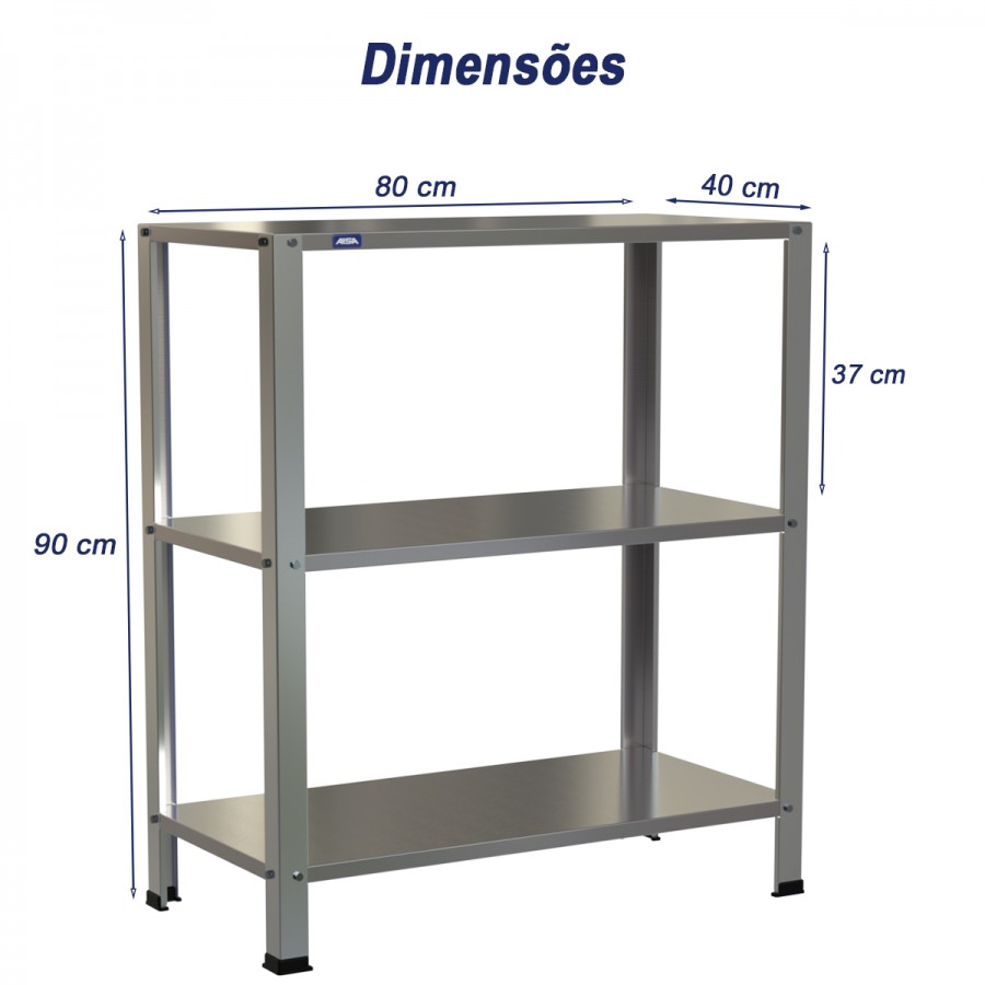 Estante Armário Prateleira Inox 3 Bandejas 400 X 800 Aisa